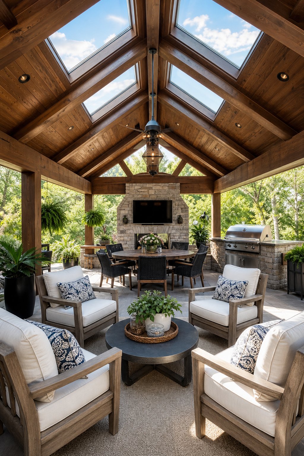 A vaulted wood pavilion with skylights, outdoor furniture, and surrounding greenery.
