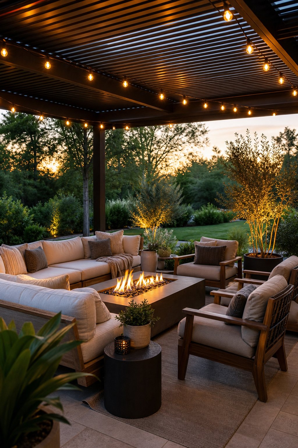 Outdoor covered patio lounge with a slatted roof, firepit, string lights, and comfortable seating surrounded by plants.