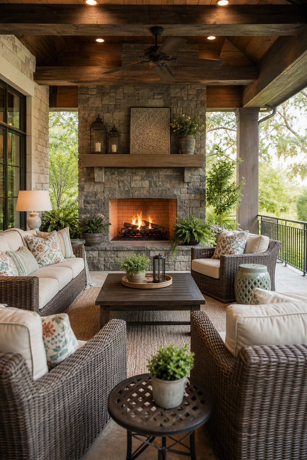 Outdoor covered patio with wicker seating arranged around a built-in stone fireplace and surrounded by plants.