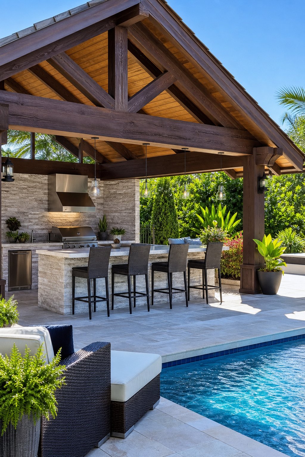Outdoor kitchen with a gable roof next to a swimming pool, featuring a grill, countertop, and seating surrounded by plants.