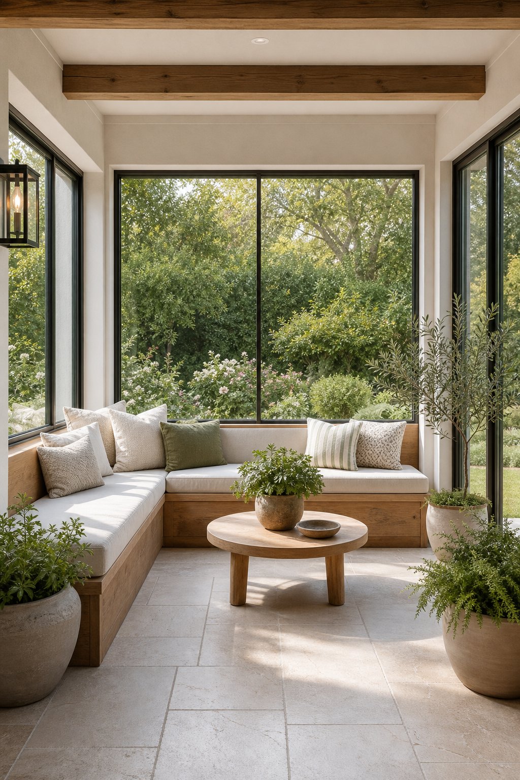 A sunroom patio with a built-in wooden banquette overlooking a green garden, decorated with cushions and plants.