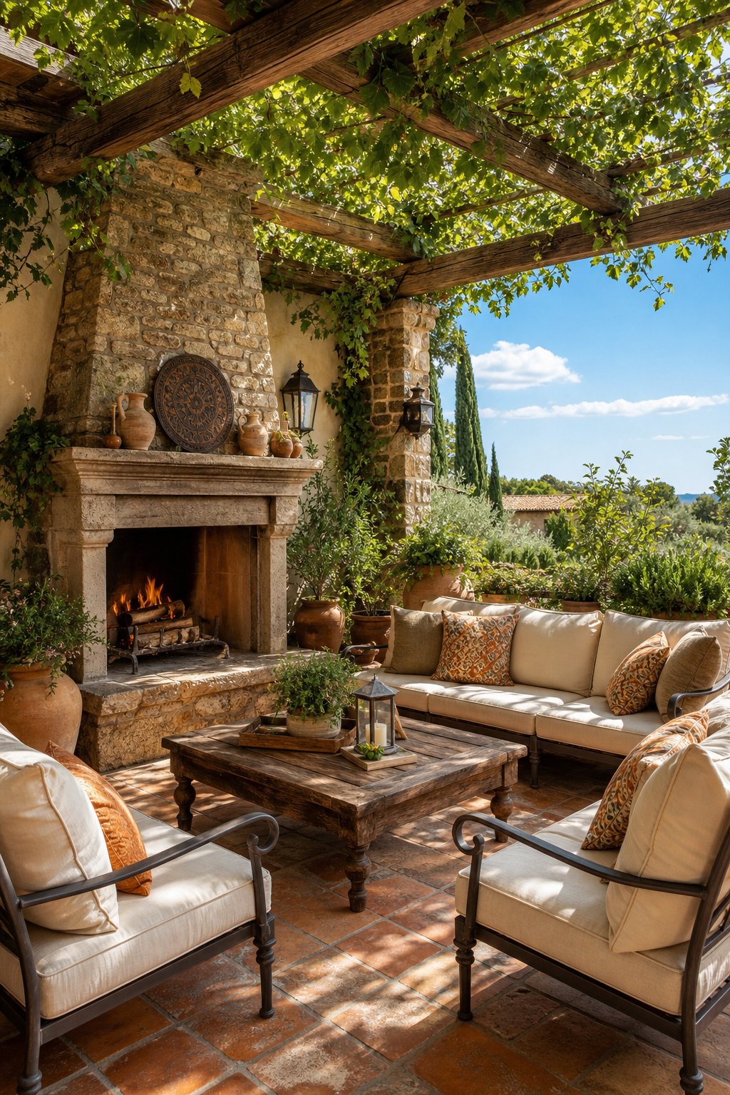 Outdoor patio with terracotta tiles, stone fireplace with fire, wooden pergola with vines, and comfortable seating surrounded by plants.
