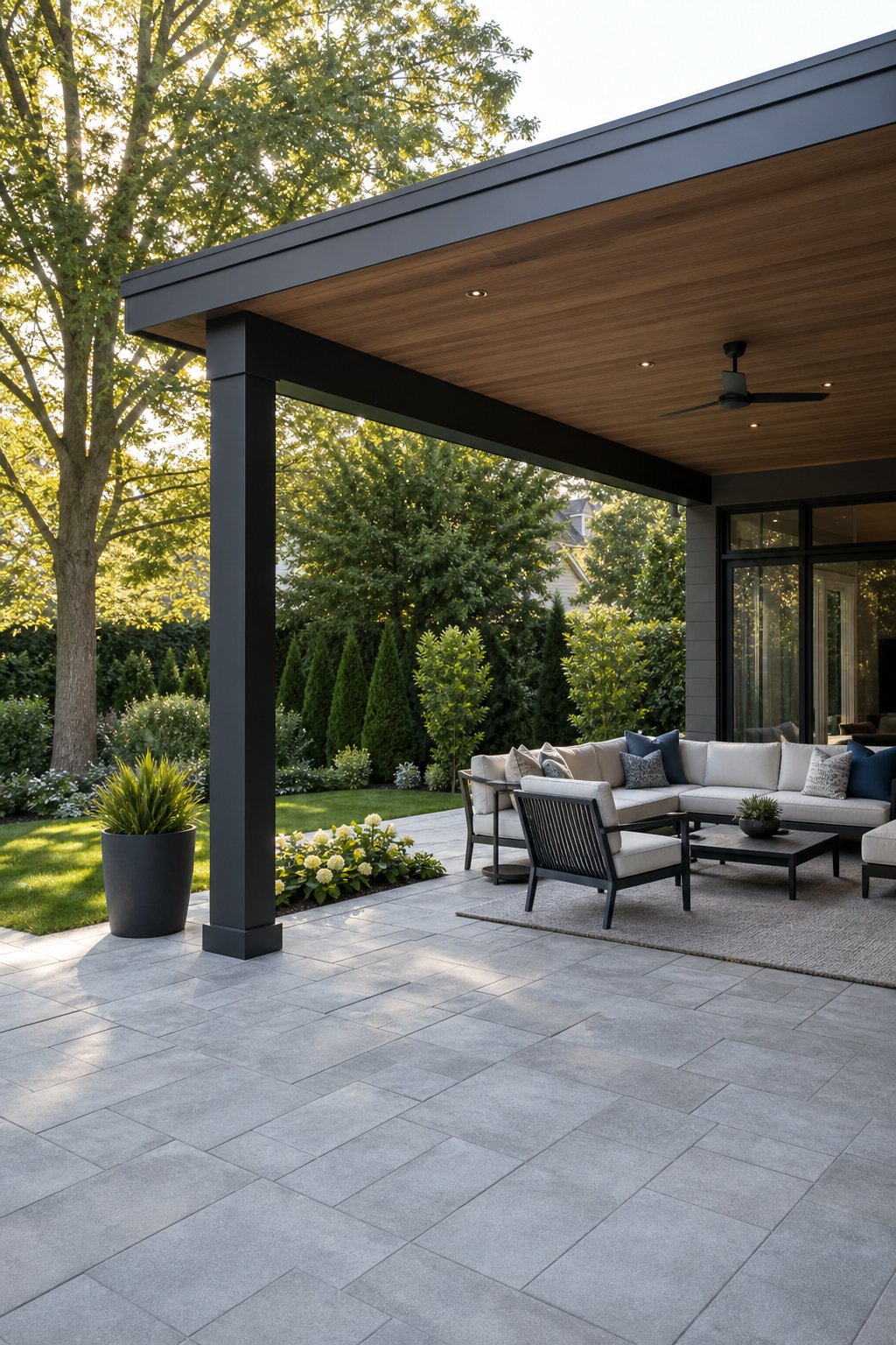 A concrete paver patio with a roof extension covering an outdoor seating area surrounded by greenery.