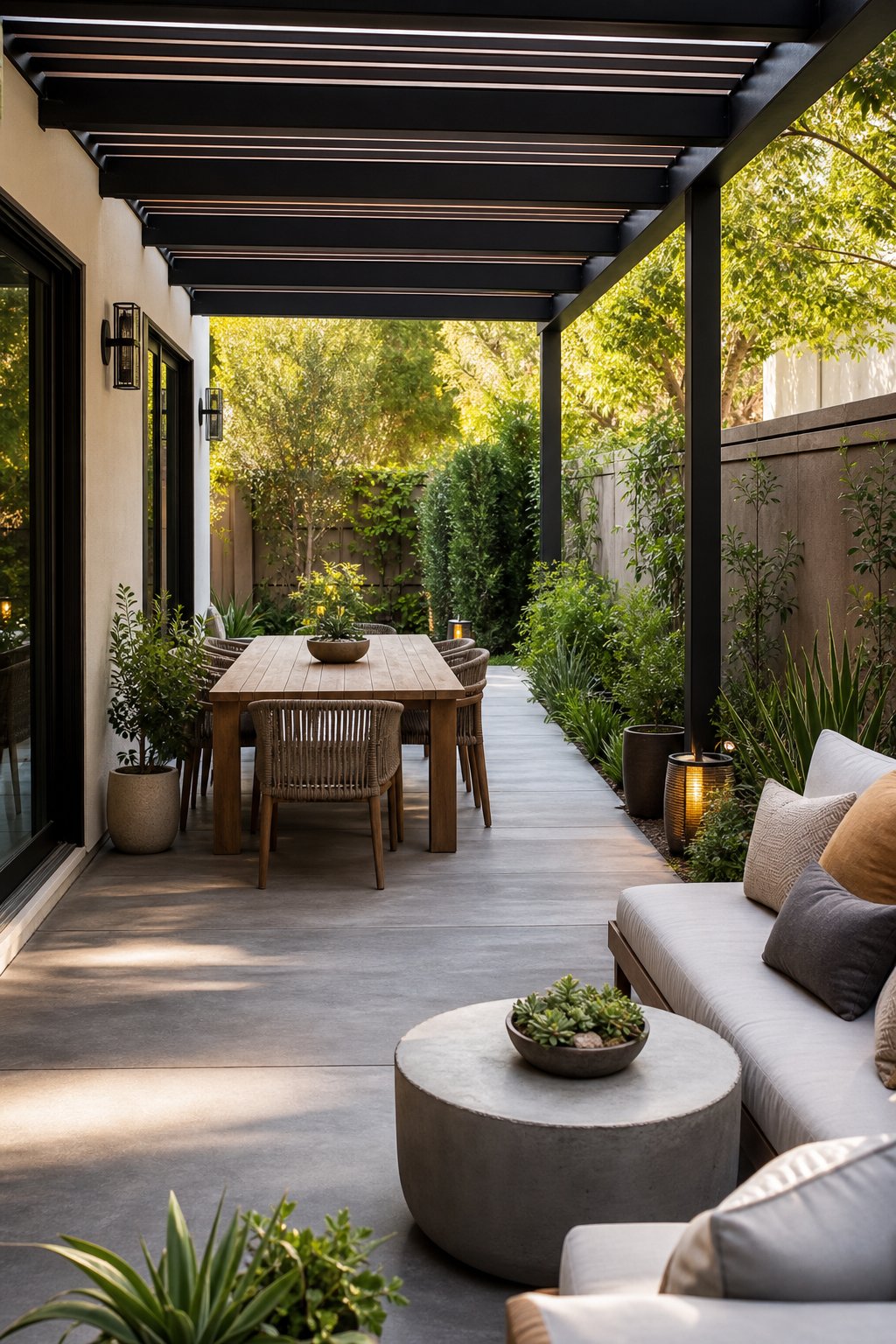 A covered side yard patio with concrete flooring, outdoor furniture, and surrounding greenery.