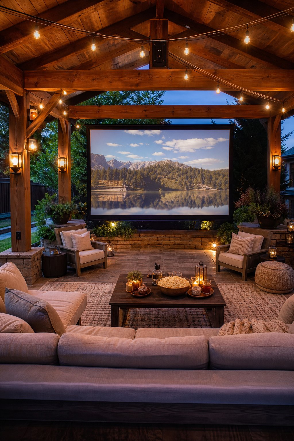 A detached covered patio with comfortable seating arranged around an outdoor movie screen, surrounded by plants and soft lighting.