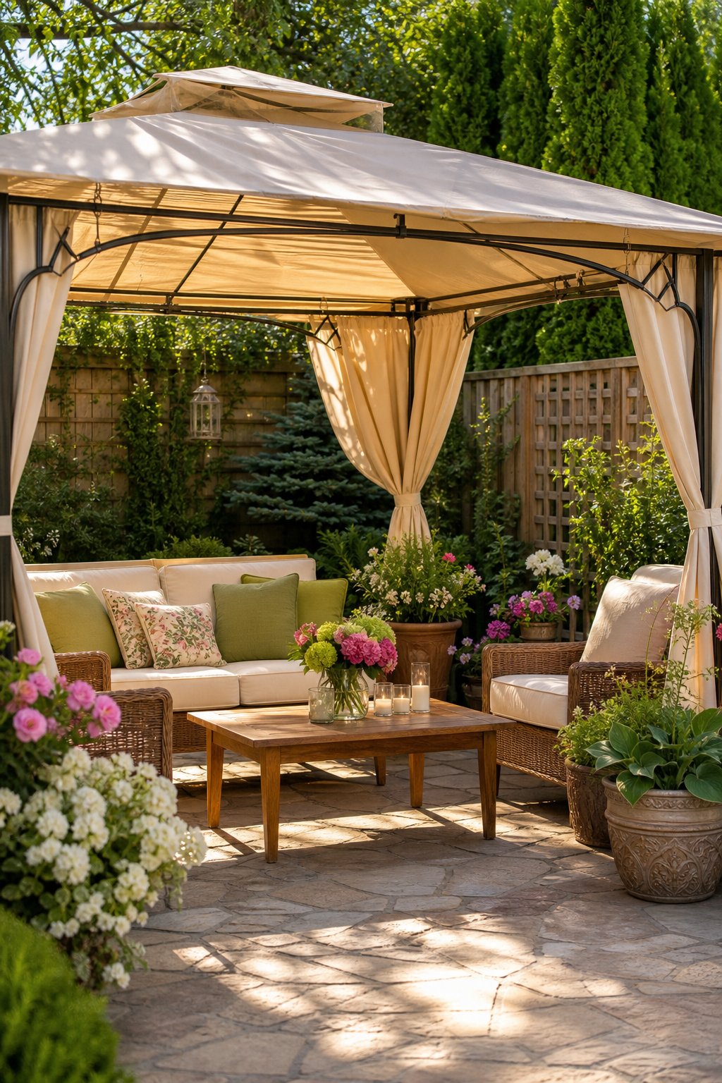 Small garden patio with a fabric cabana canopy, comfortable seating, and surrounding plants.
