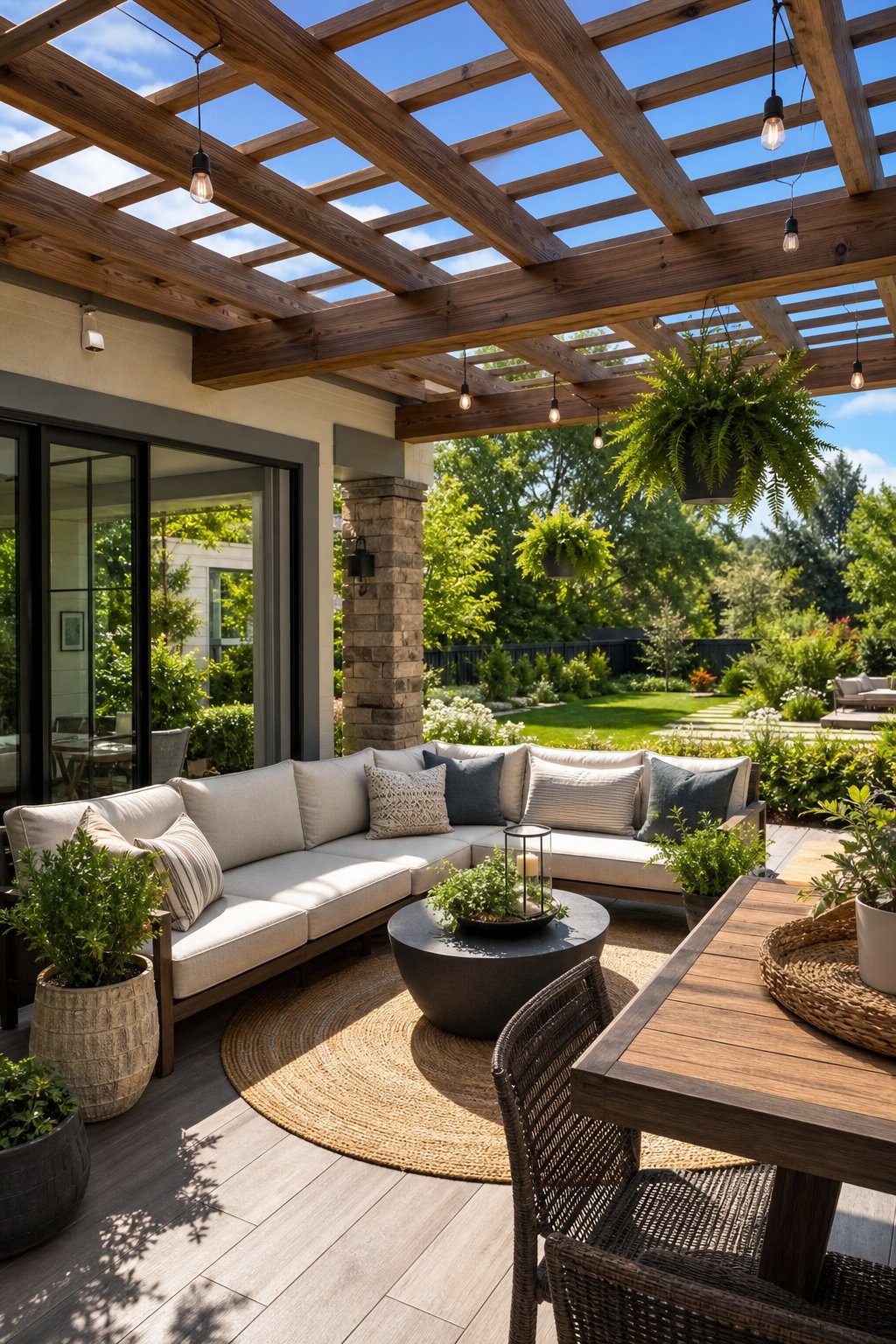 A sunny outdoor patio area with seating, plants, and a wooden roof attached to a house.