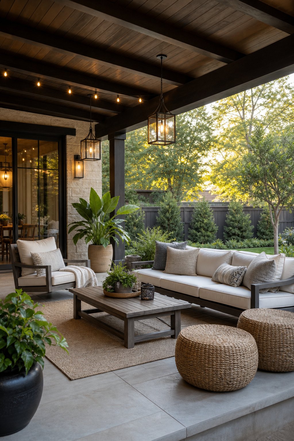 A covered patio with comfortable seating, plants, and ambient lighting overlooking a garden.