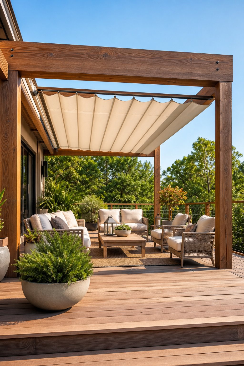 An attached wooden pergola with a partially extended retractable canopy over a deck furnished with outdoor seating and plants.