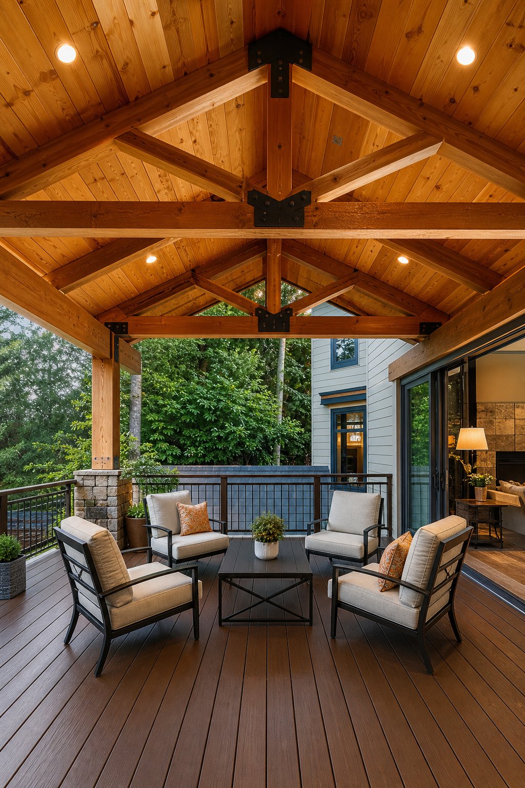A covered outdoor deck with exposed wooden beams and comfortable seating surrounded by greenery.