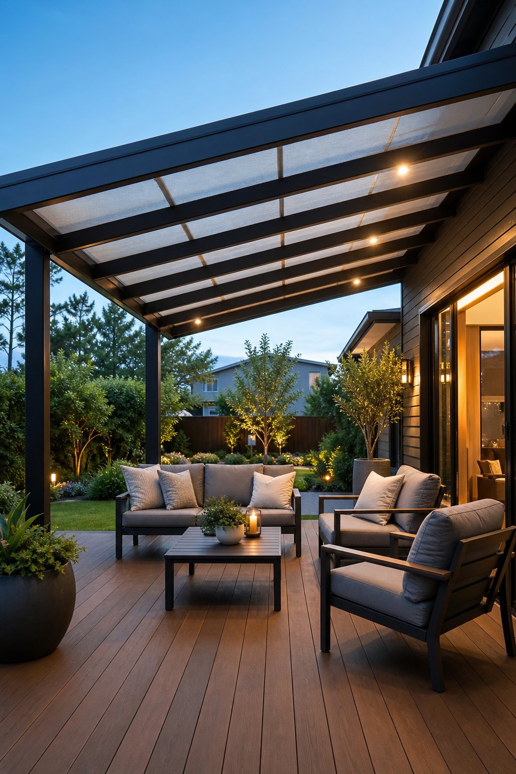 A spacious covered deck with a sloped roof, outdoor seating, plants, and a clear sky in the background.