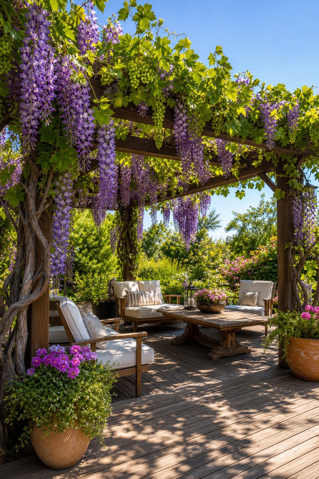 An outdoor wooden pergola covered with flowering wisteria and grapevines over a deck with outdoor furniture and greenery.