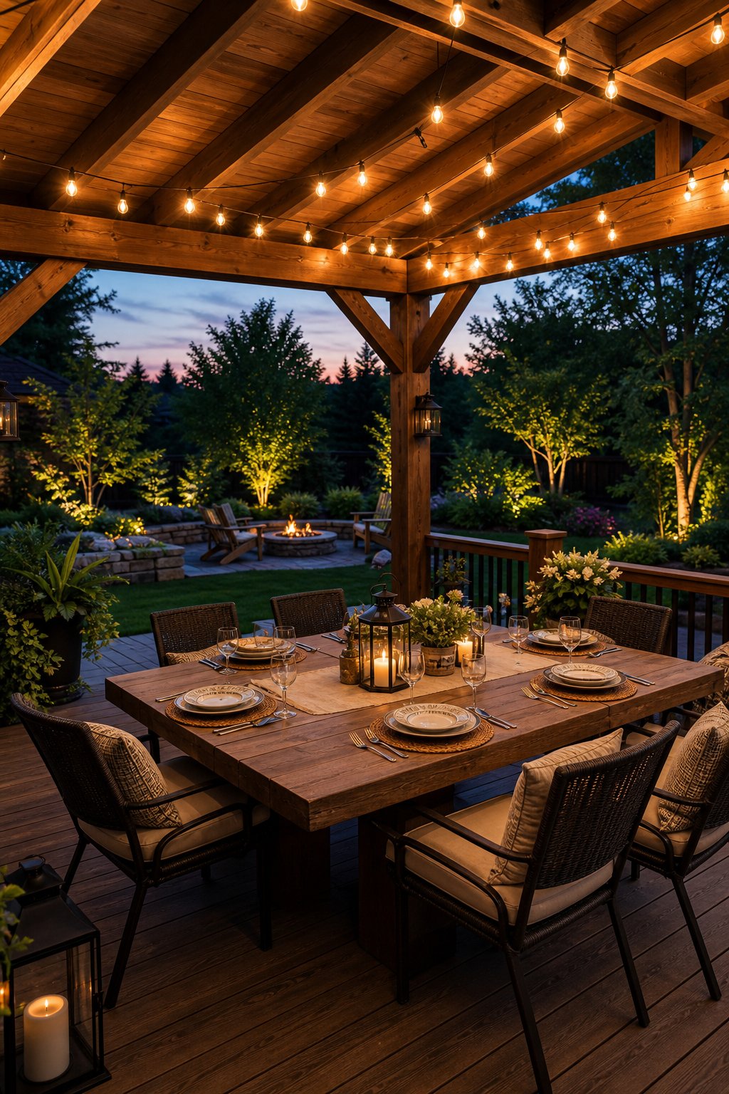 Covered outdoor dining deck with string lights, a wooden table set for a meal, surrounded by chairs and plants in a backyard setting.