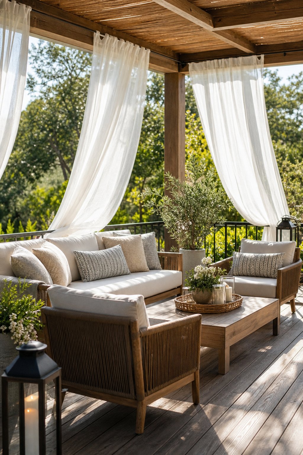 Outdoor covered deck lounge with flowing white curtain panels and comfortable seating surrounded by greenery.