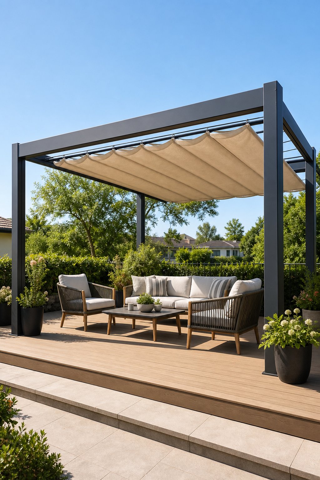 Outdoor deck with a freestanding aluminum pergola featuring a partially extended pull-back canopy over a seating area surrounded by plants.