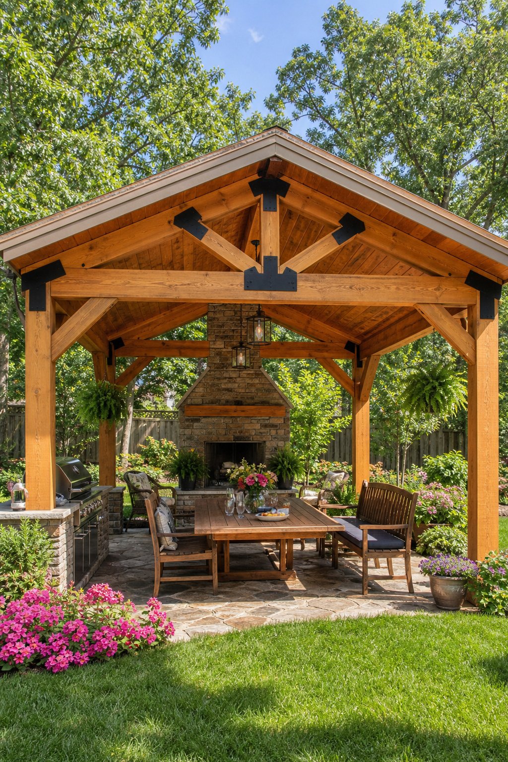 A backyard with a wooden pavilion featuring seating and a table surrounded by green grass and trees.