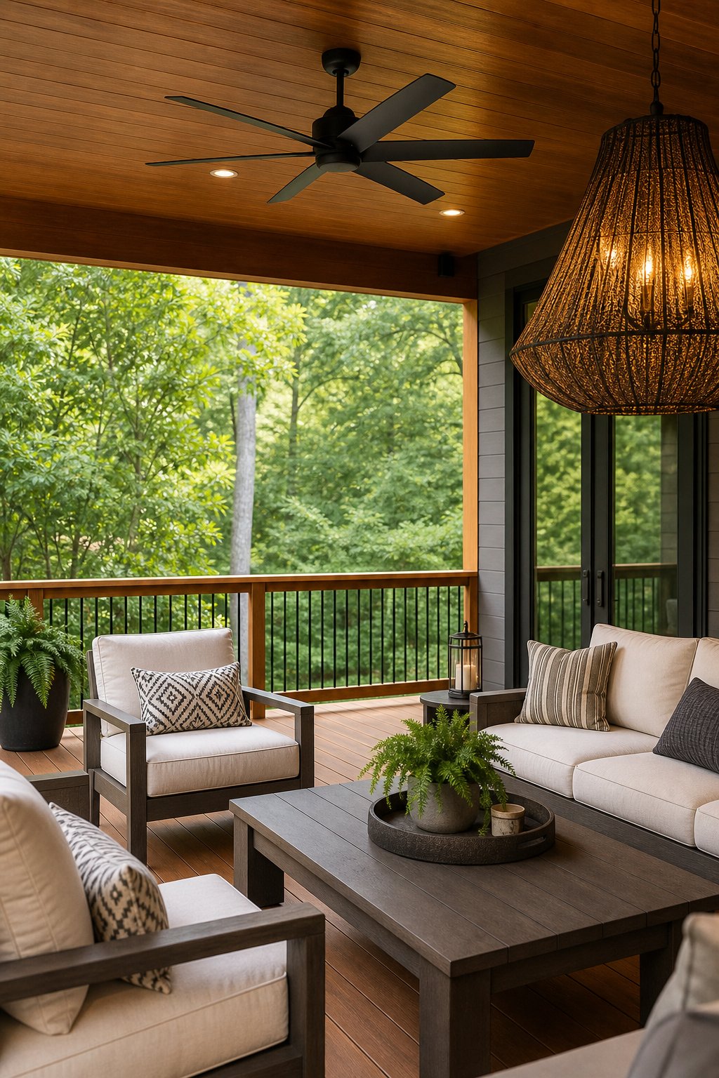 Covered outdoor deck with a ceiling fan, a large pendant light, comfortable seating, and greenery visible beyond the railing.