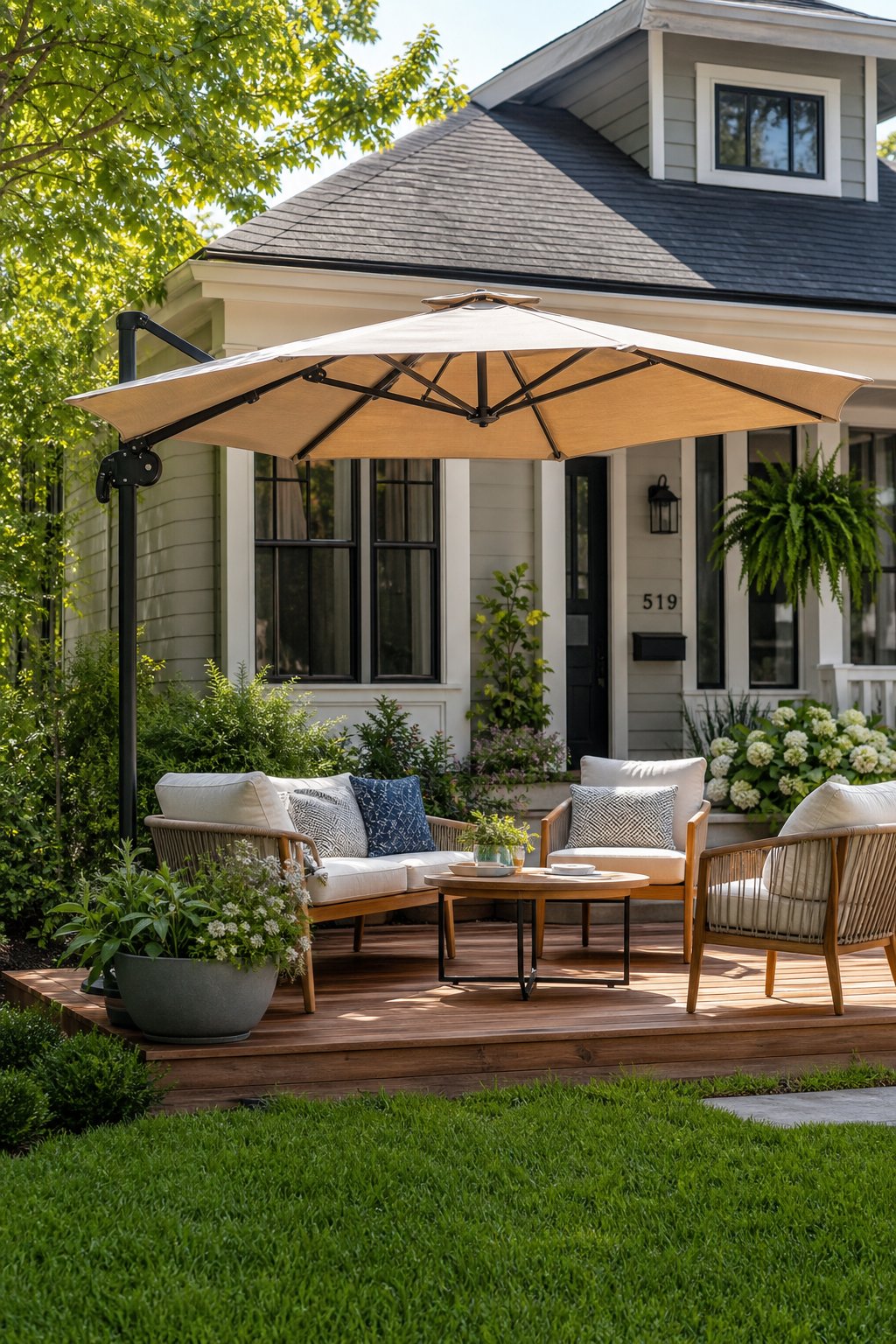 Small front yard deck with wooden seating and a large cantilever umbrella providing shade, surrounded by green plants and a lawn.