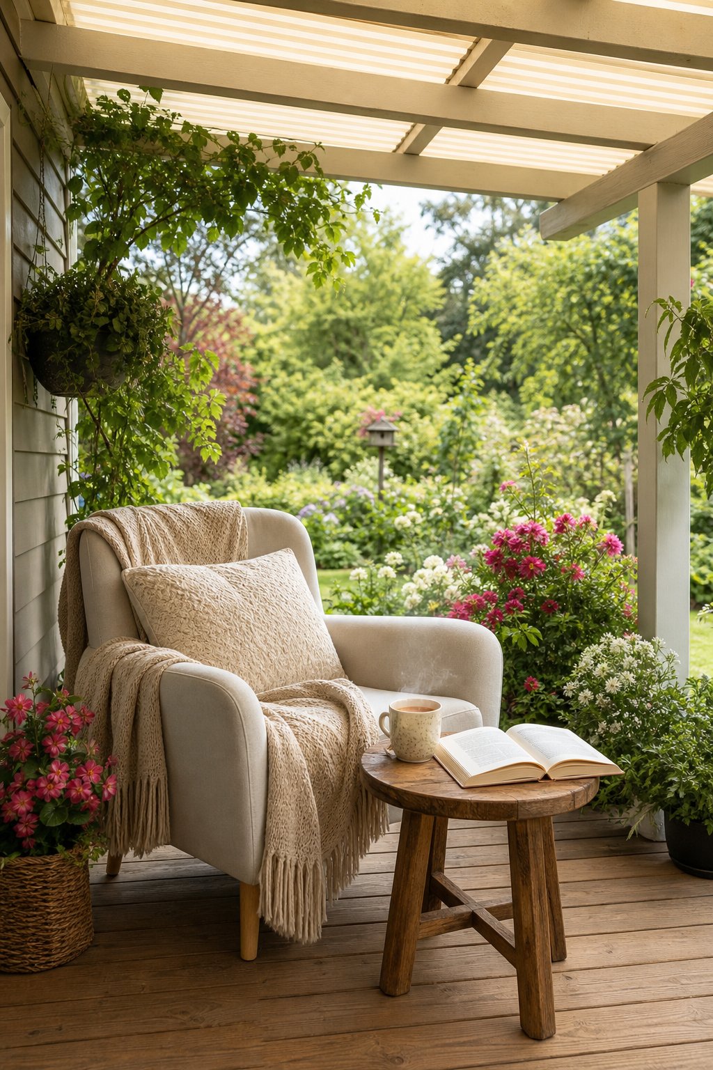 A cozy reading nook on a covered deck overlooking a lush garden with a comfortable armchair, side table, and plants.