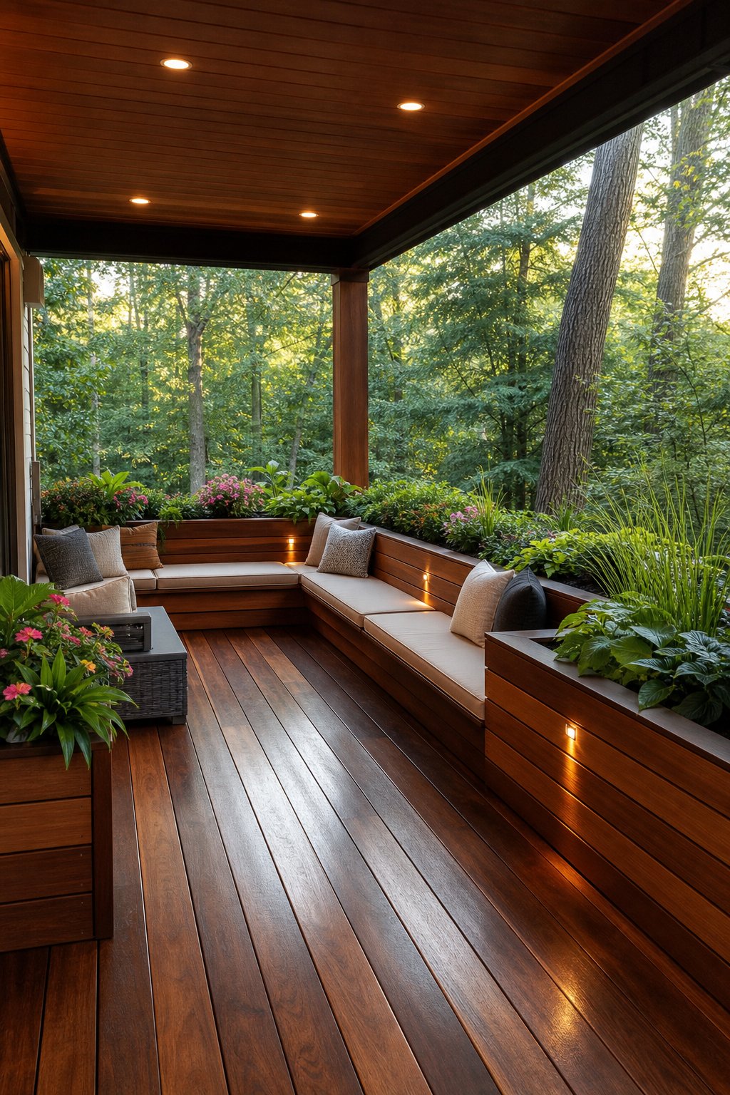 A covered outdoor deck with built-in wooden bench seating and planters filled with green plants and flowers.