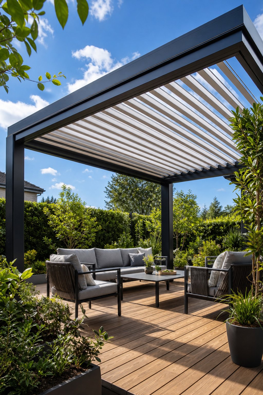 Outdoor deck with a louvered pergola providing adjustable shade over seating area surrounded by plants.