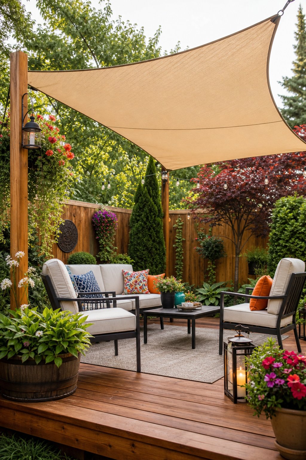 A backyard deck with a shade sail overhead, surrounded by plants and outdoor furniture.