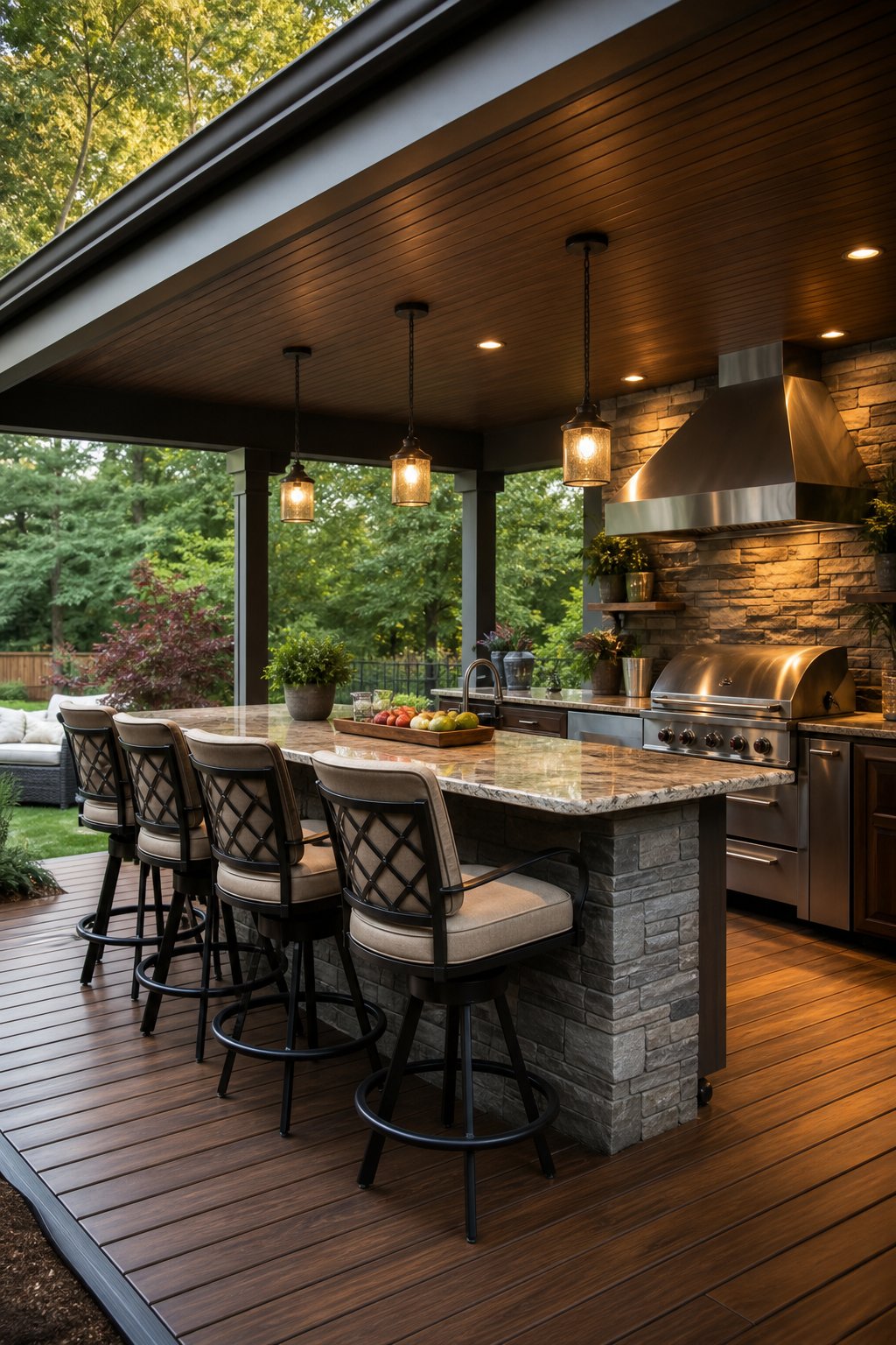 A covered outdoor kitchen deck with a grill, countertop, and bar stools surrounded by plants and garden views.