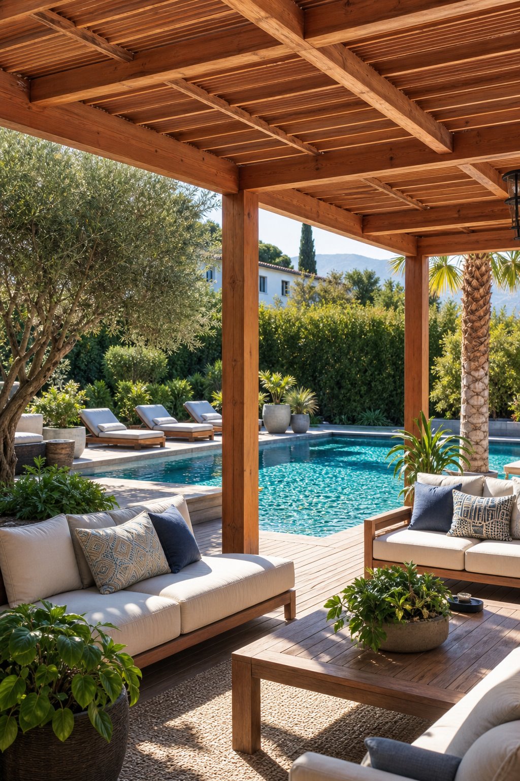 A covered deck by a clear swimming pool framed with timber posts and outdoor seating nearby.