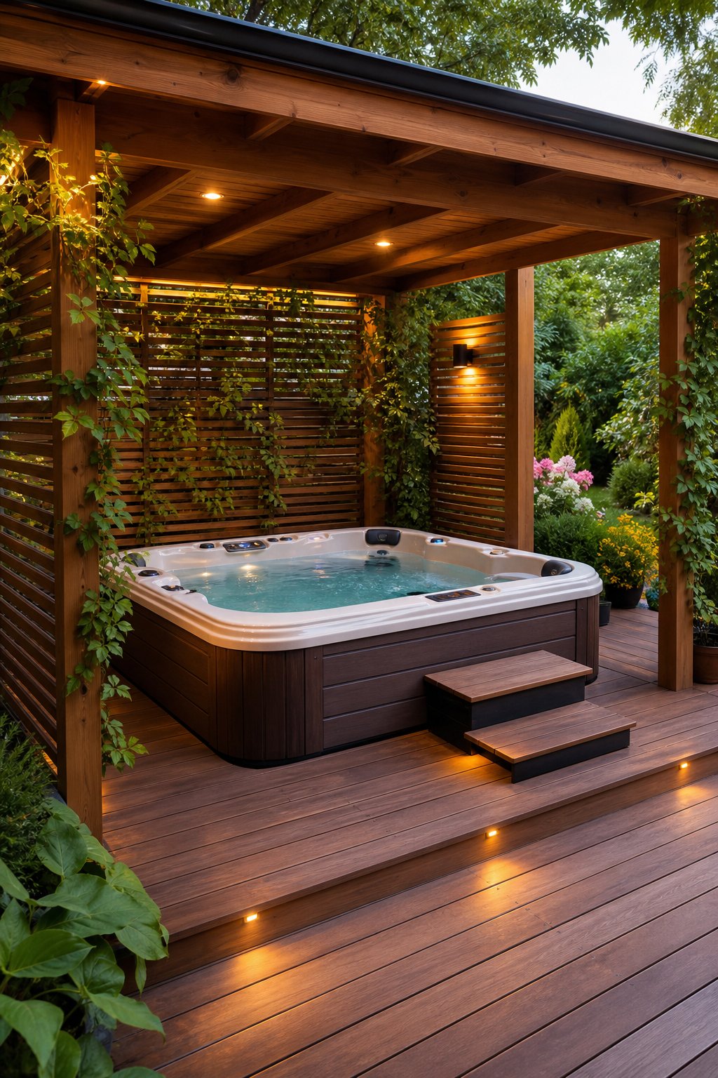 Outdoor wooden deck with a covered shelter housing a hot tub surrounded by wooden privacy screens and greenery.