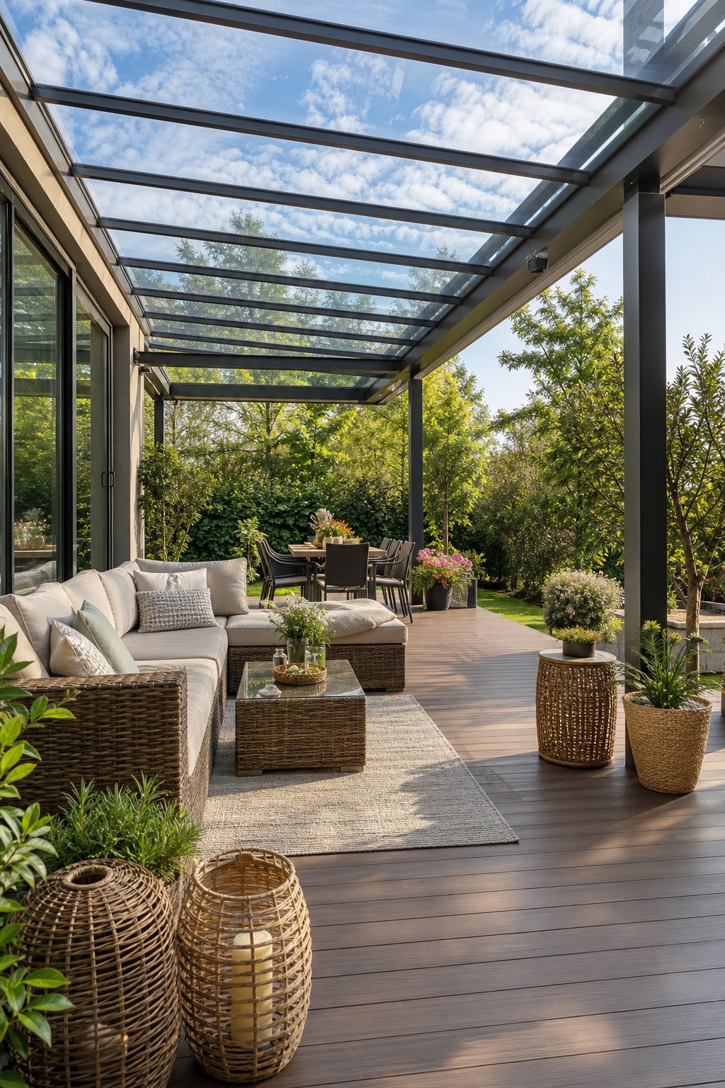 An outdoor deck covered by a transparent roof with sunlight shining through, furnished with seating and plants, surrounded by trees.