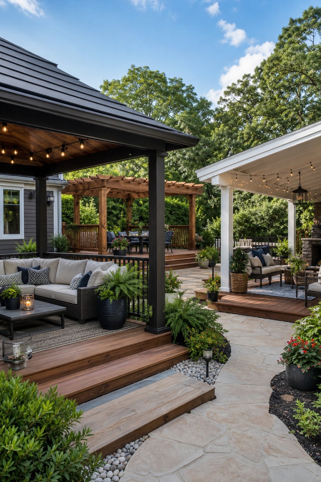 A bright outdoor scene showing several covered decks with seating and plants in a backyard.