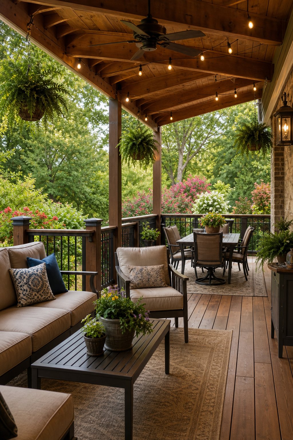 A covered wooden deck with outdoor furniture, hanging plants, string lights, and a view of a green garden.