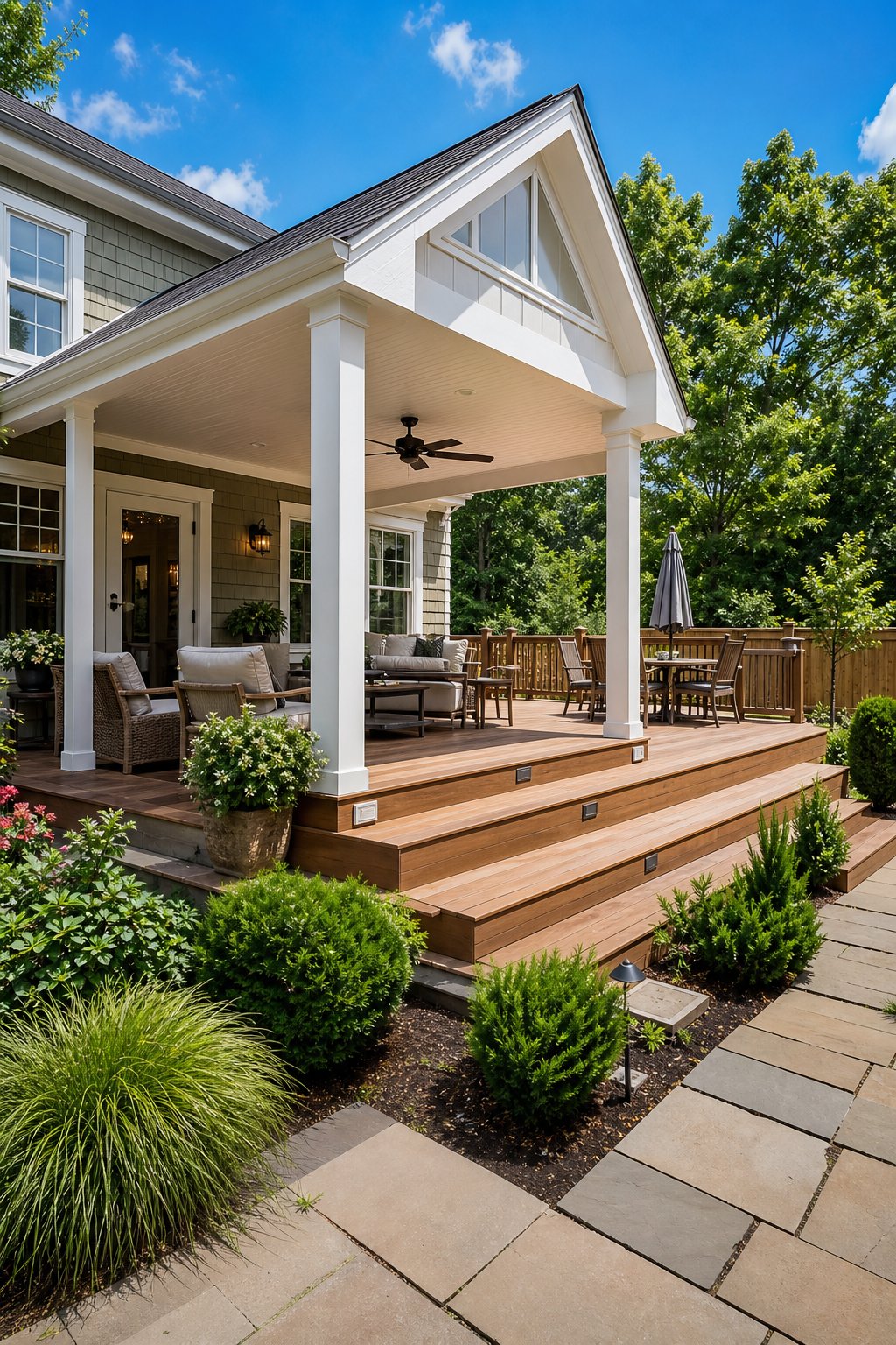A covered back porch with a gable roof and tiered wooden decking in a backyard surrounded by greenery.