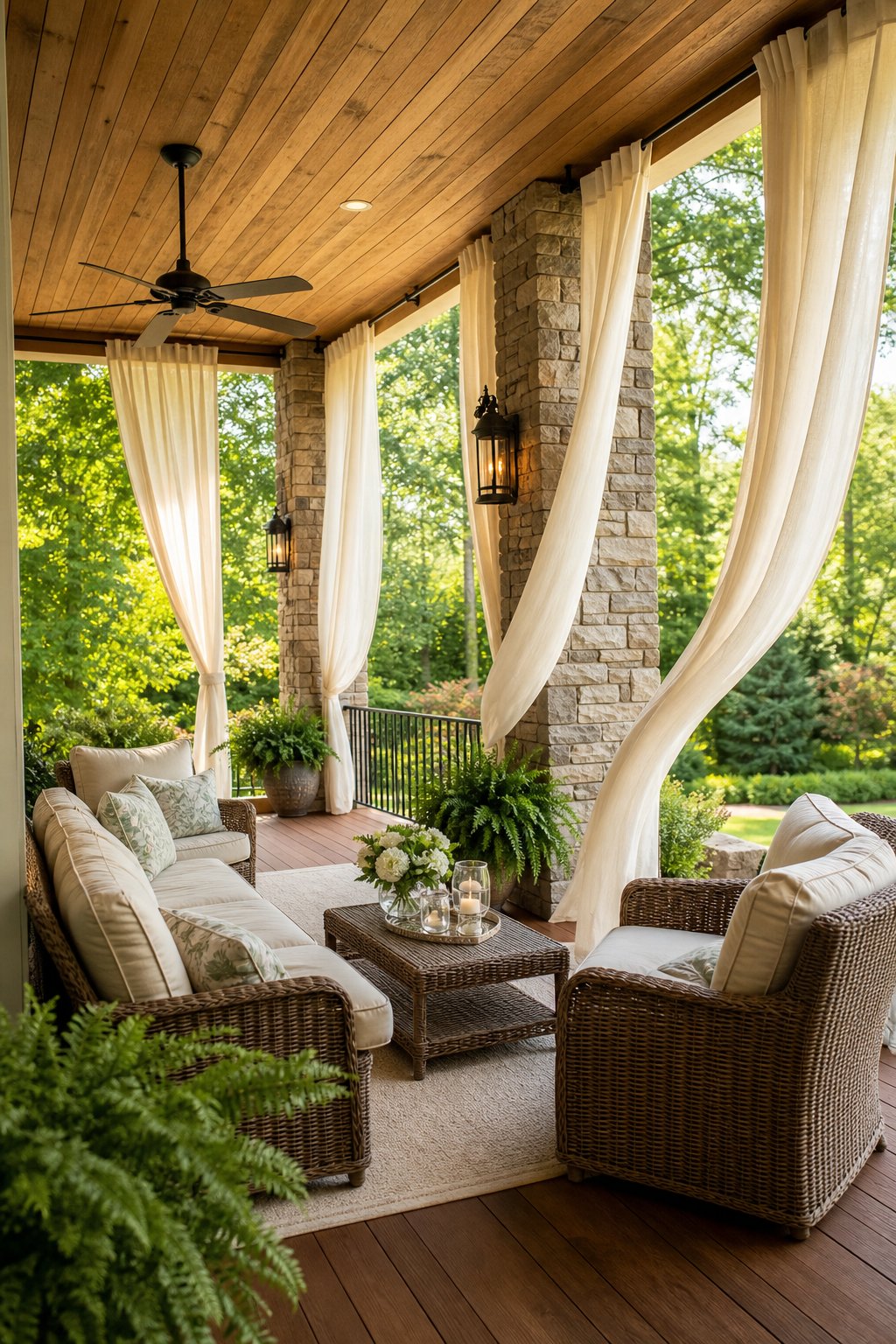 A covered back porch with stone columns, outdoor curtains, wicker seating, and a view of a green garden.