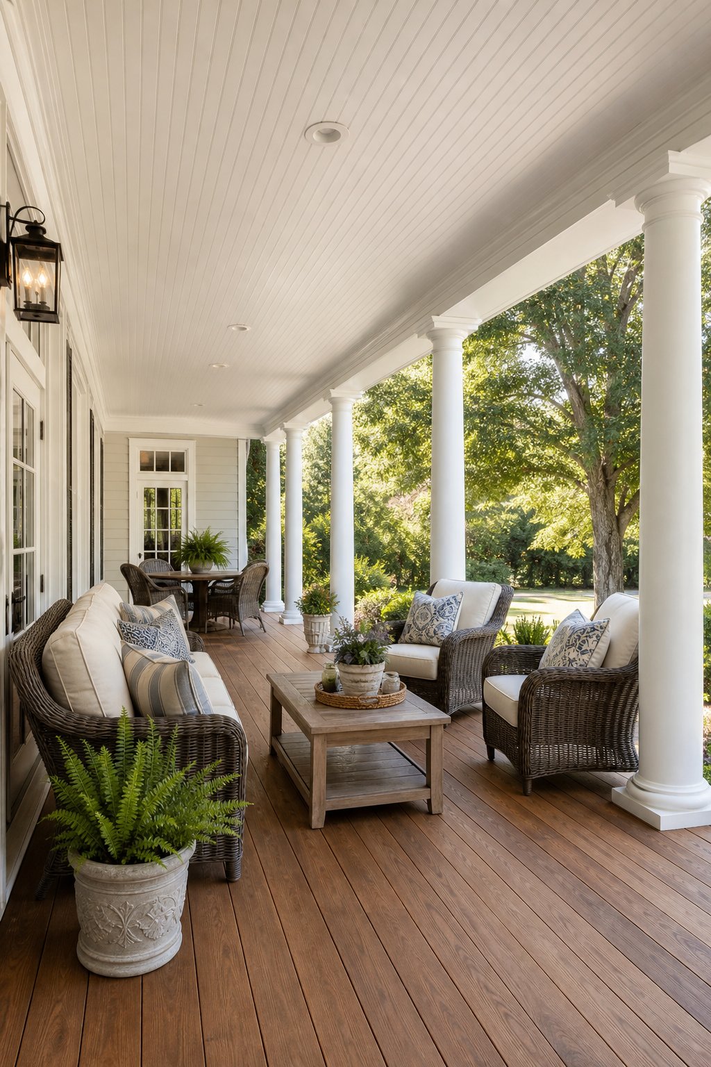 A covered white porch with columns and a beadboard ceiling, furnished with outdoor chairs and plants.