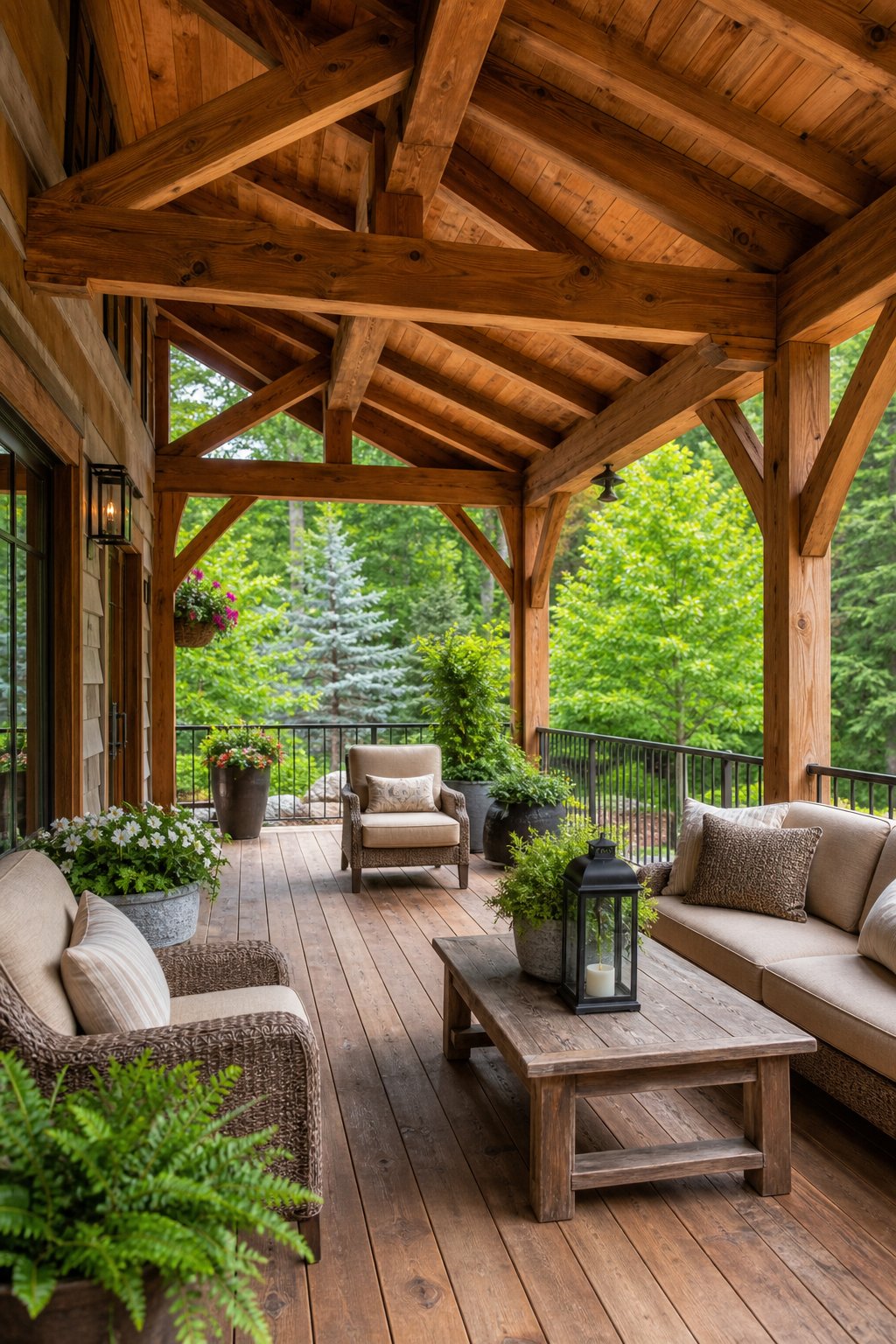 A covered wooden porch with exposed beams, outdoor seating, and plants overlooking a green garden.
