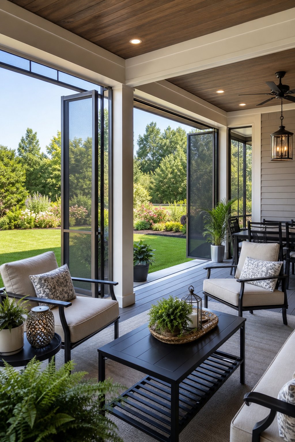 A screened-in porch with removable screen panels partially open, furnished with outdoor seating and overlooking a green backyard.