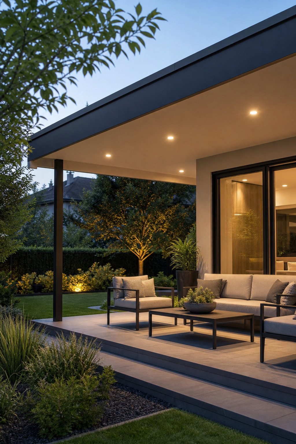 A covered back porch with a flat roof and built-in recessed lighting, furnished with outdoor seating and surrounded by plants.