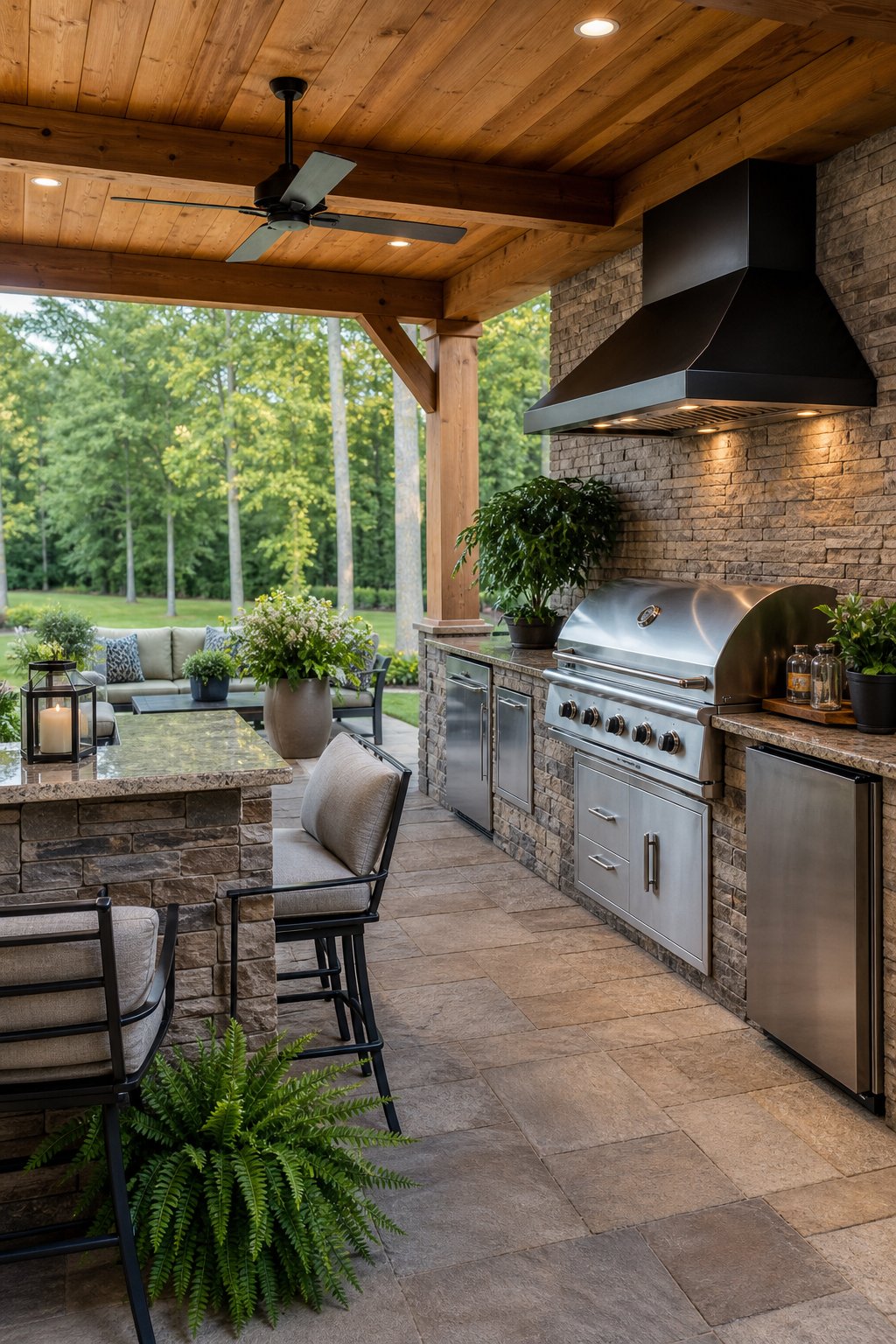 Covered back porch with a built-in grill station and outdoor seating surrounded by plants and greenery.