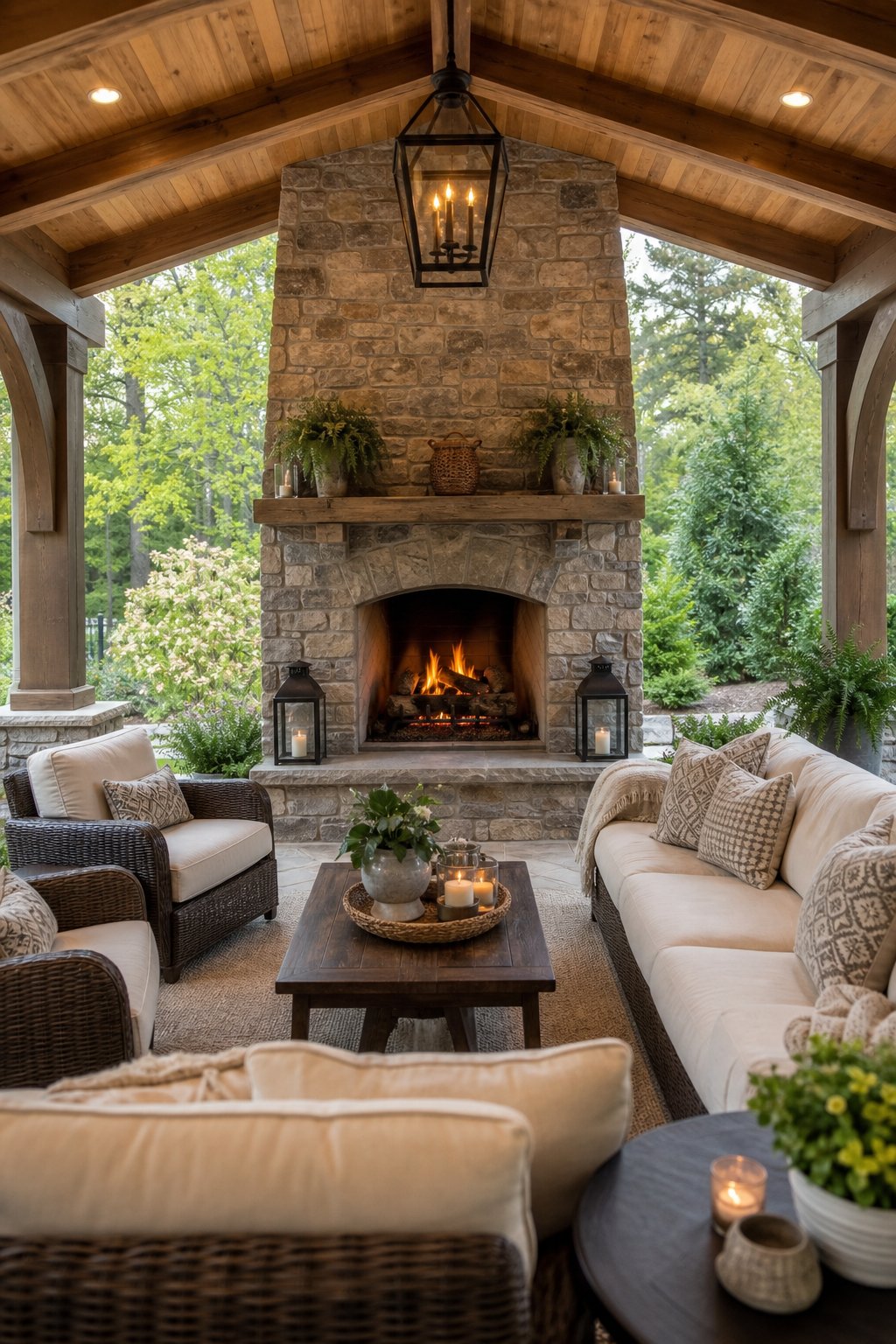 A covered back porch with a stone fireplace and deep cushioned seating surrounded by plants and natural light.