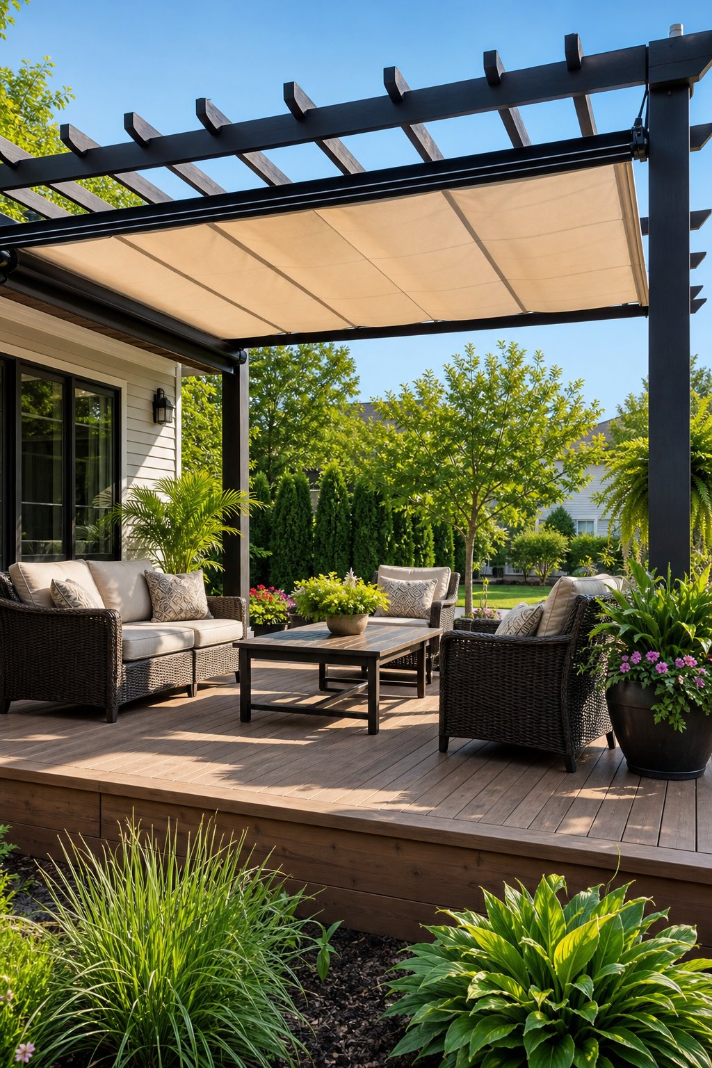 A backyard porch with a pergola and retractable canopy, furnished with outdoor seating and surrounded by plants.
