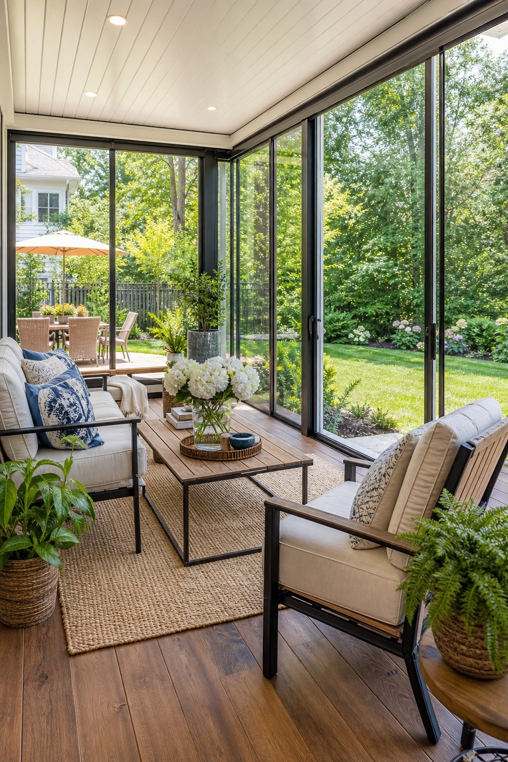 An enclosed porch with sliding glass panels overlooking a green backyard, furnished with chairs and a small table.