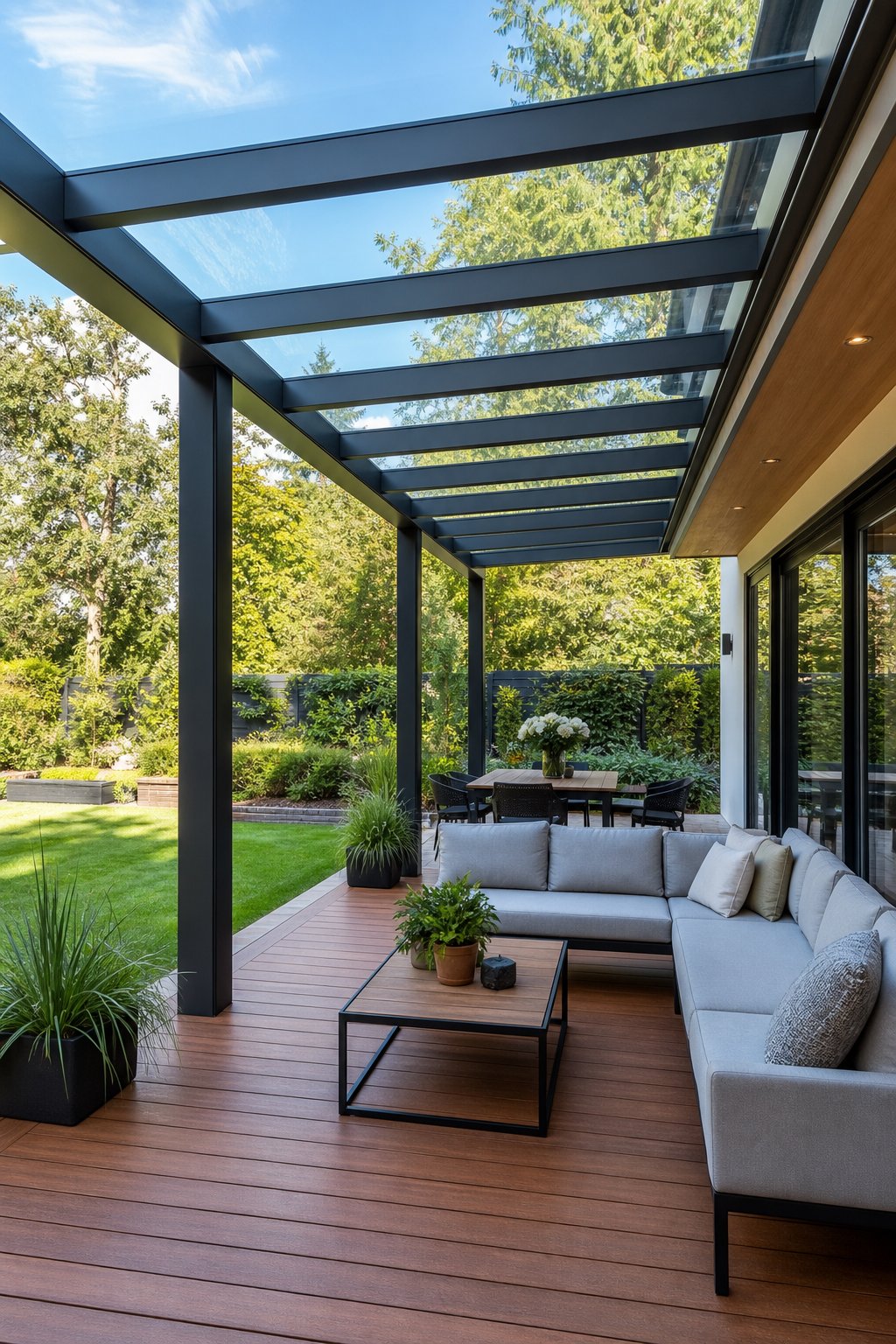 A covered back porch with a steel and glass canopy, wooden floor, outdoor seating, and green plants in the background.