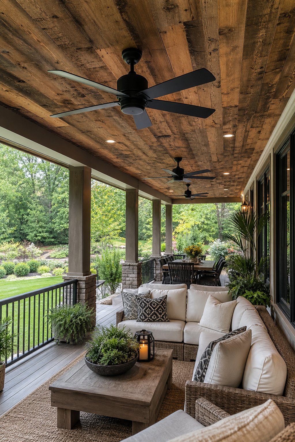 Covered back porch with reclaimed wood ceiling and black ceiling fans, furnished with outdoor seating and plants.