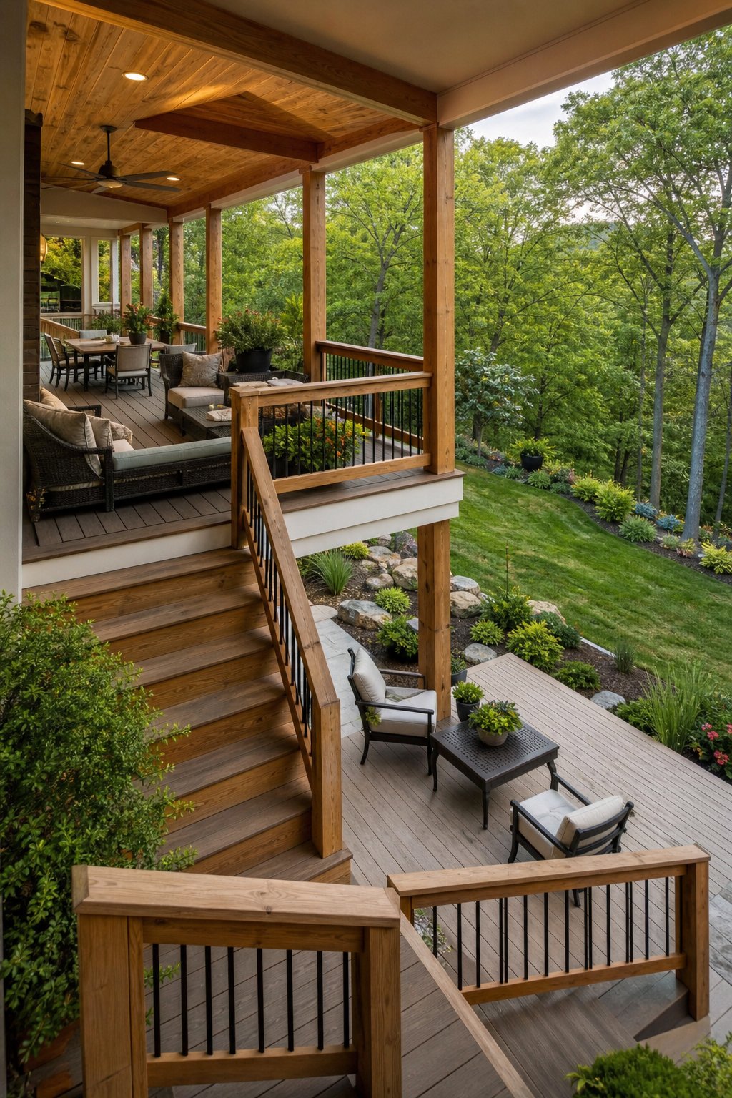 A multi-level covered porch overlooking a sloped backyard with outdoor furniture and greenery.