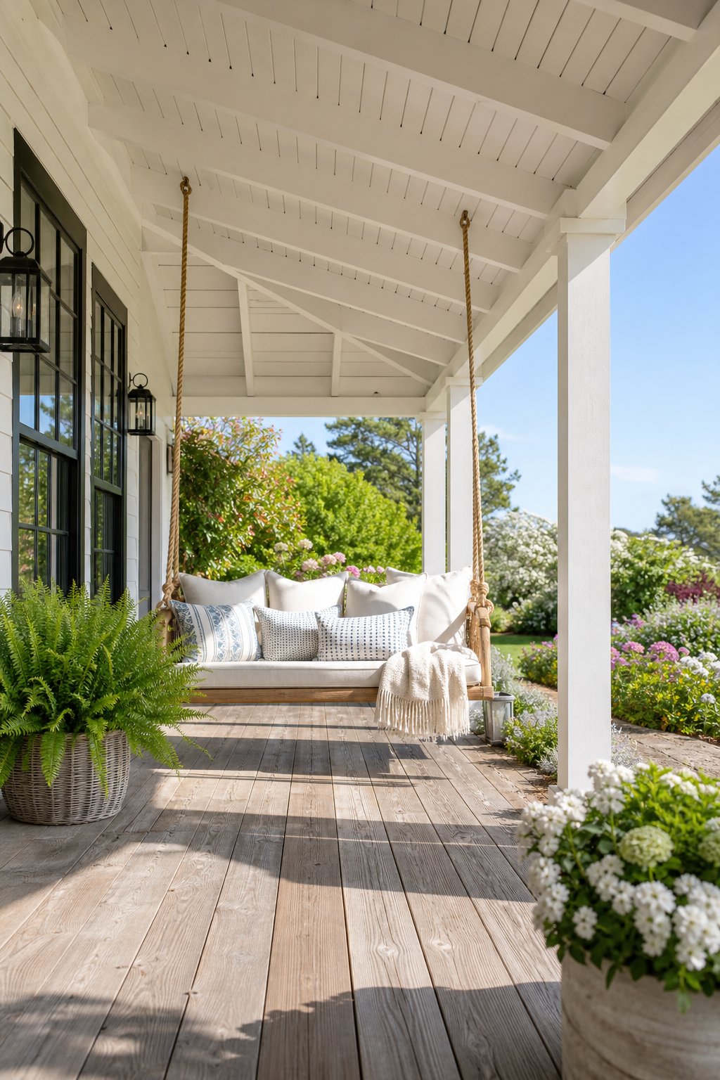 A covered farmhouse porch with painted rafters, a hanging swing, wooden flooring, and plants, overlooking a garden.