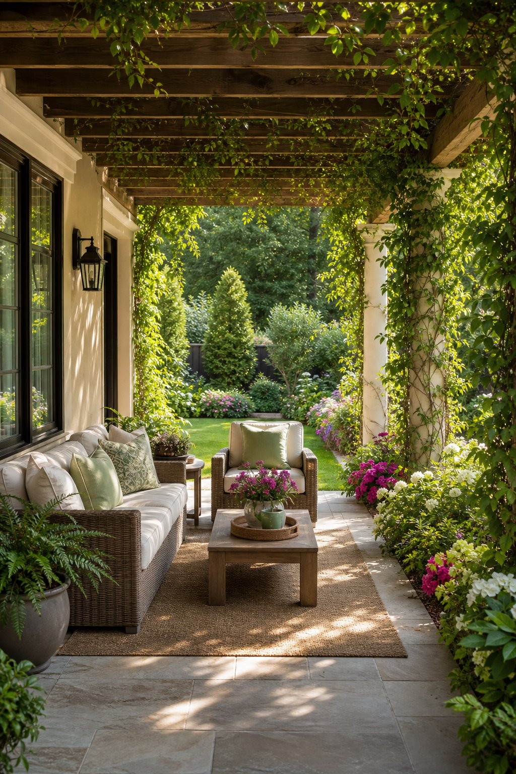 Covered back porch facing a garden with climbing vines and planter borders filled with plants and flowers.