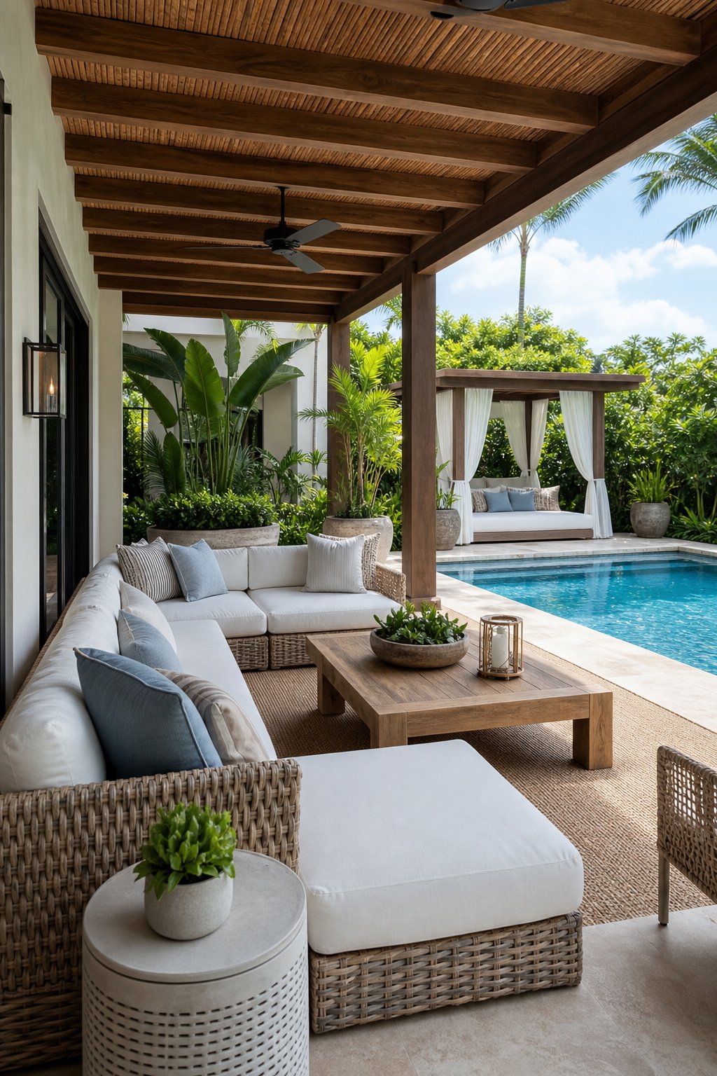 A covered porch next to a swimming pool with comfortable lounge seating and plants.