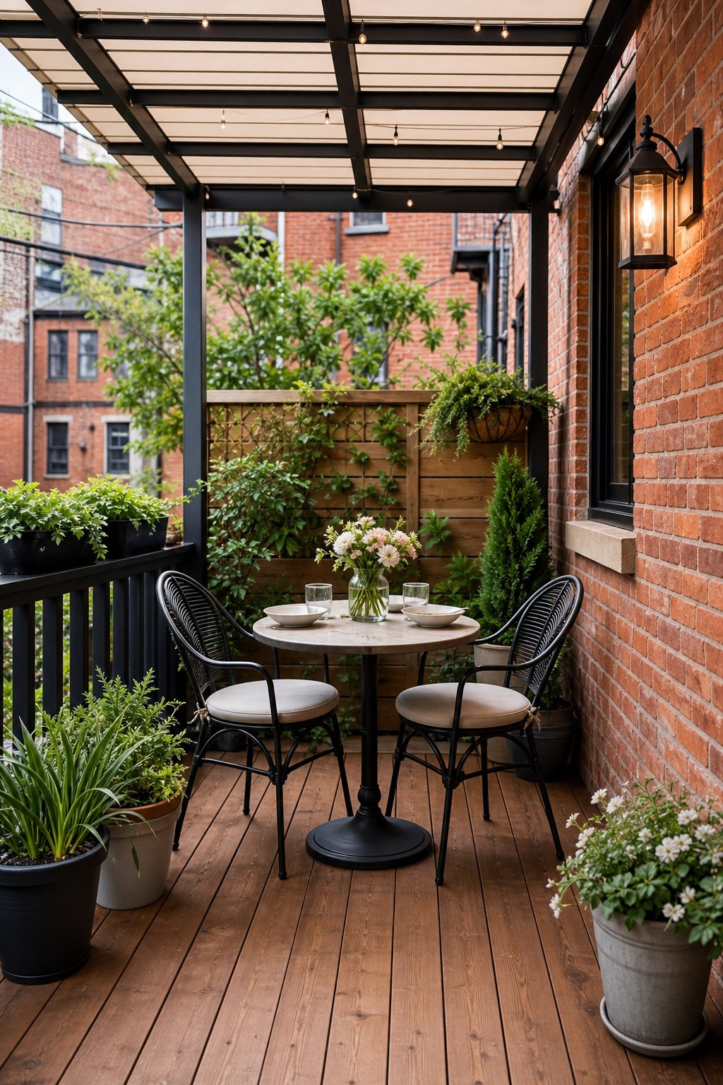 A covered back porch with a small round table and two chairs surrounded by potted plants.