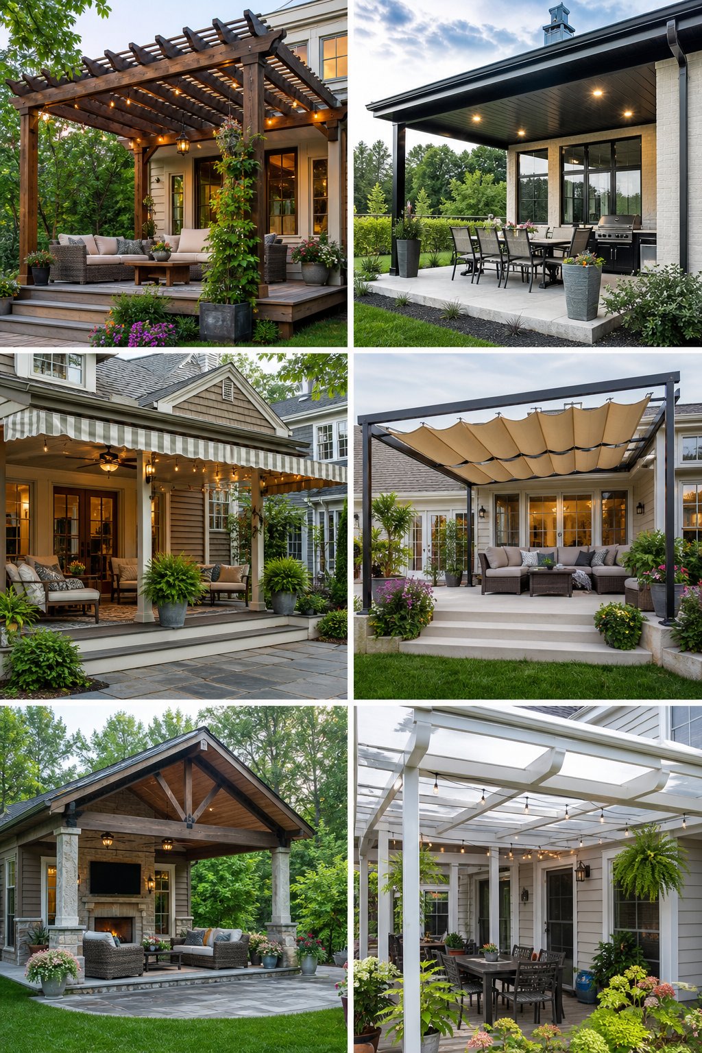 Several covered back porches attached to houses with outdoor furniture and plants in a garden setting.